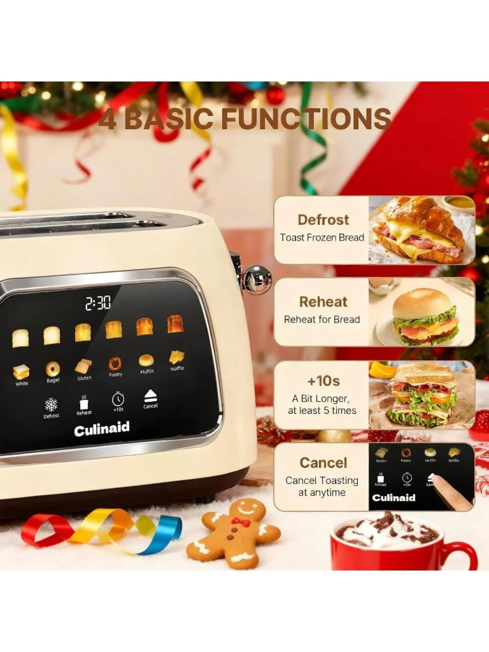2 Slice Cream Touch Screen Retro 1.5'' Extra Wide Slot Stainless Steel Toaster